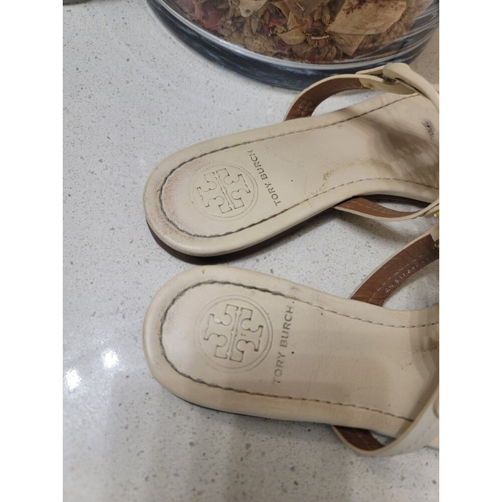 Tory Burch 'Miller' Flip Flops Ivory Leather Sandal Size 6.5 M - Picture 3 of 6